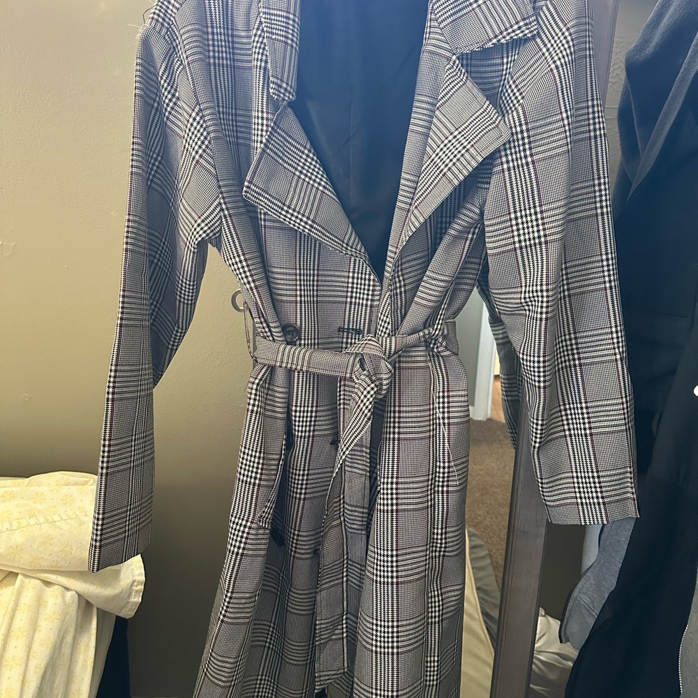 Love Tree Black and White Plaid Trench Coat